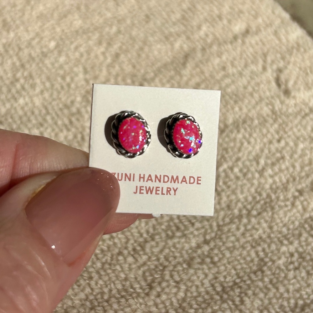 Zuni Handmade 925 Sterling Pink Opal Earrings